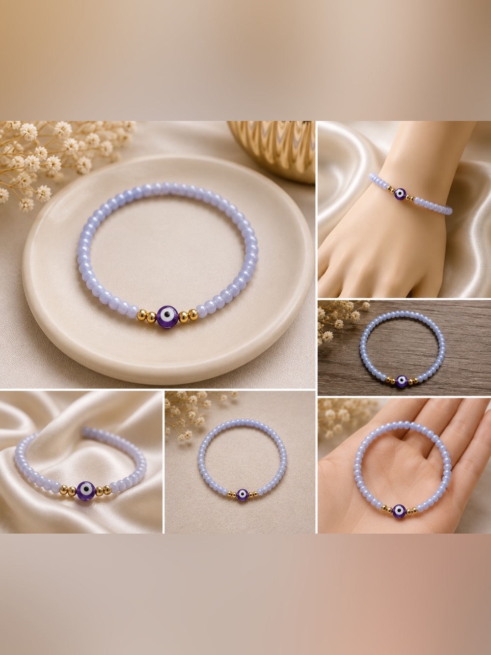 Lavender Beaded Evil Eye Bracelet with Gold Accents #20